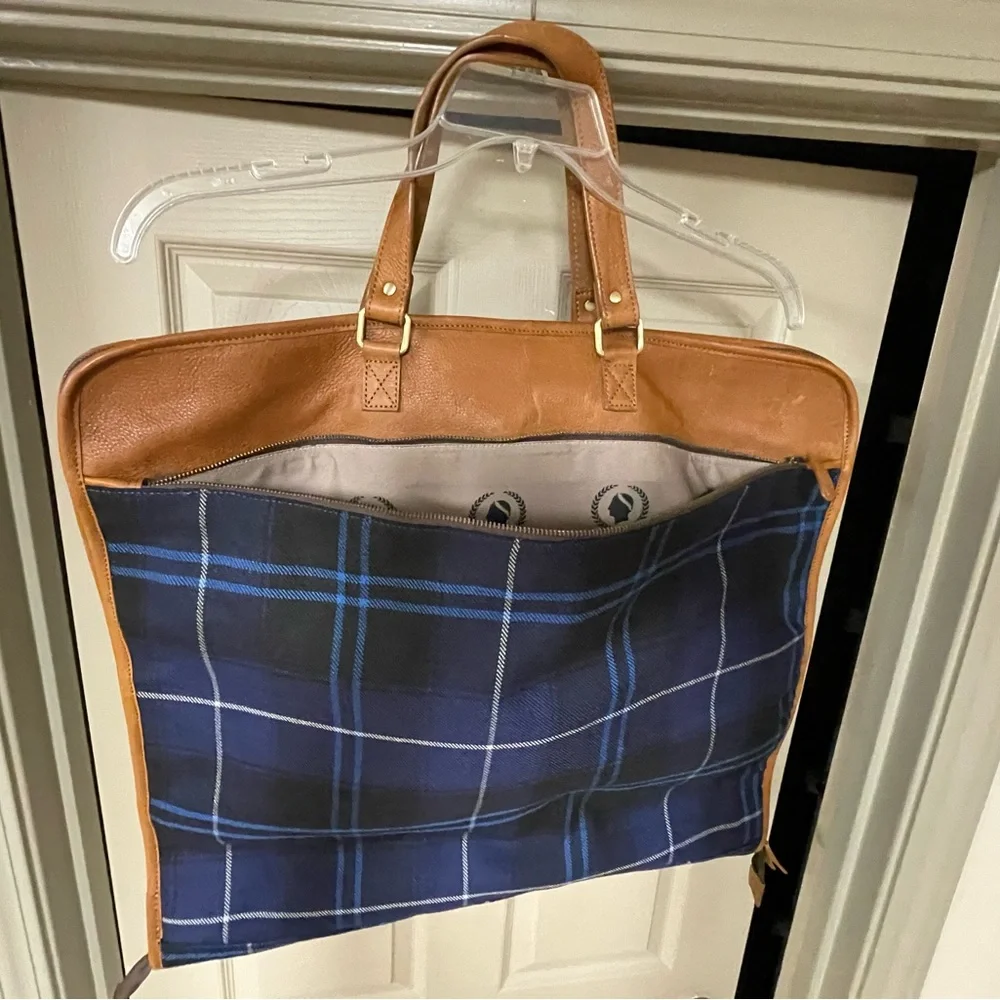 F H Wadsworth NYC Plaid Garment Bag with Leather Accents Caesers Palace Emblem